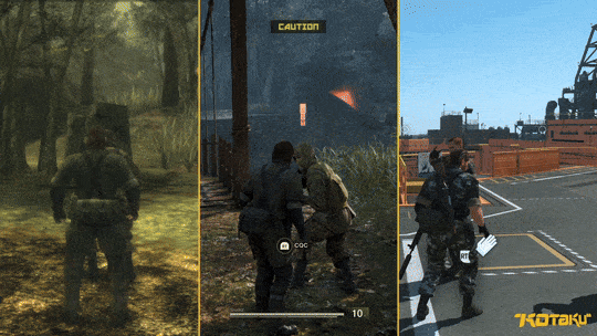 An animated gif shows the difference in grabbing an enemy in the original Snake Eater, the remake, and in MGSV.