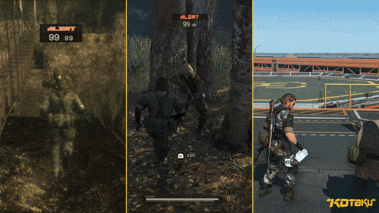 A gif shows a CQC throw in the original Snake Eater, the remake, and in MGSV.