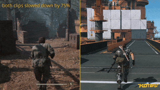 A side-by-side gif shows Naked Snake and Venom Snake crawling at a slowed speed.