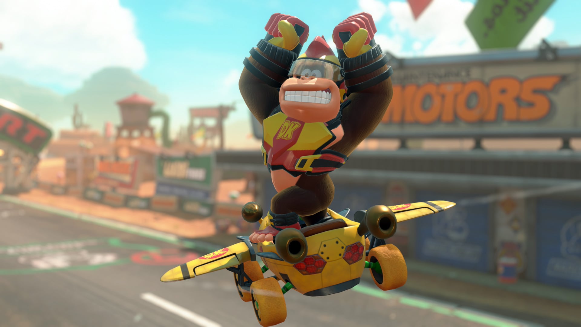 Donkey Kong flies through the air on a kart with wings.