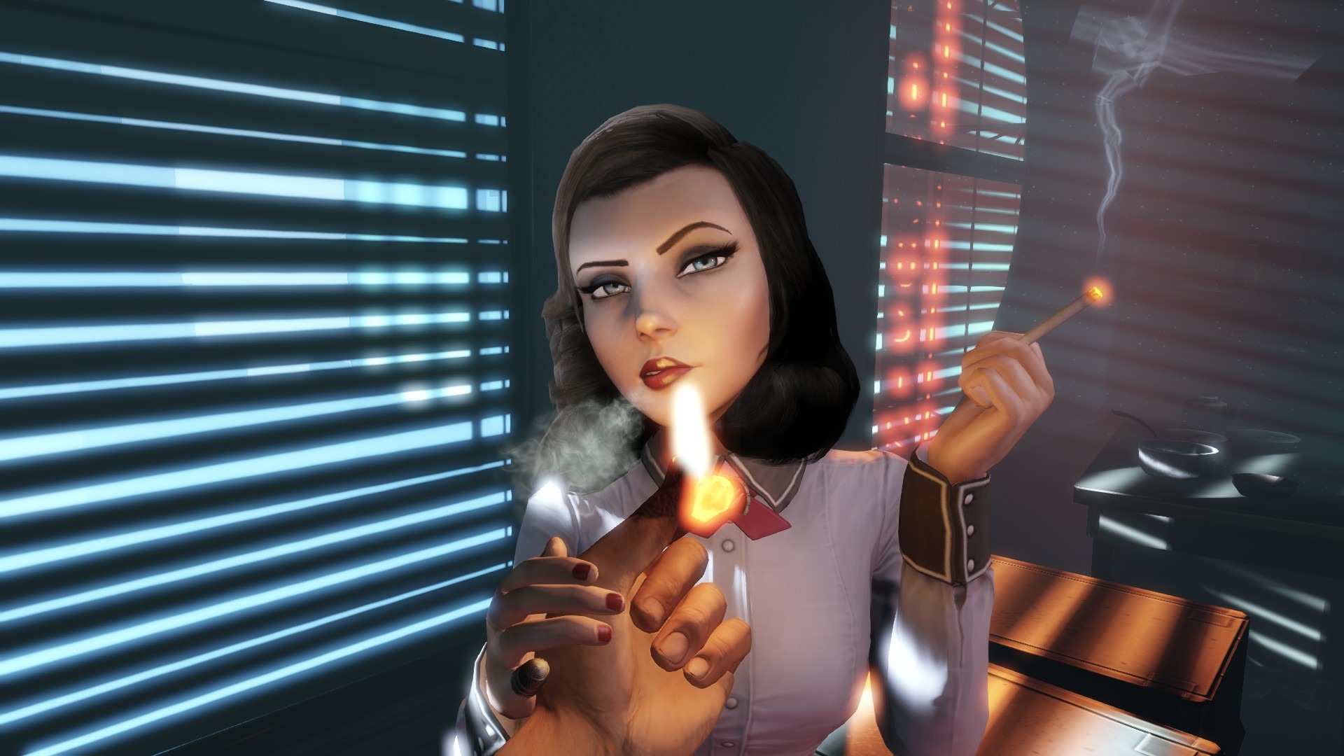 Elizabeth from Bioshock Infinite lights a cigarette