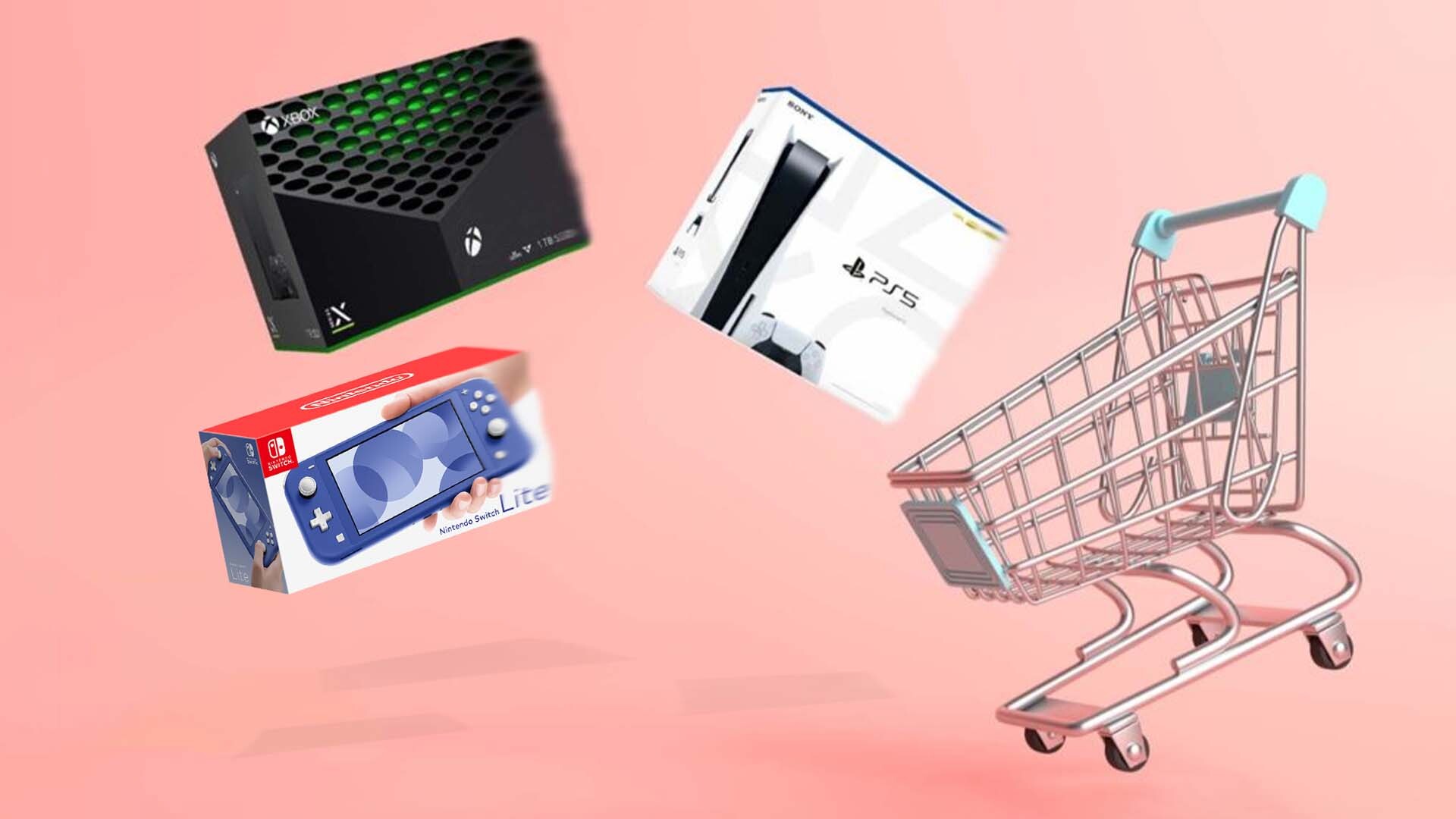 Video game consoles fly out of a shopping cart.