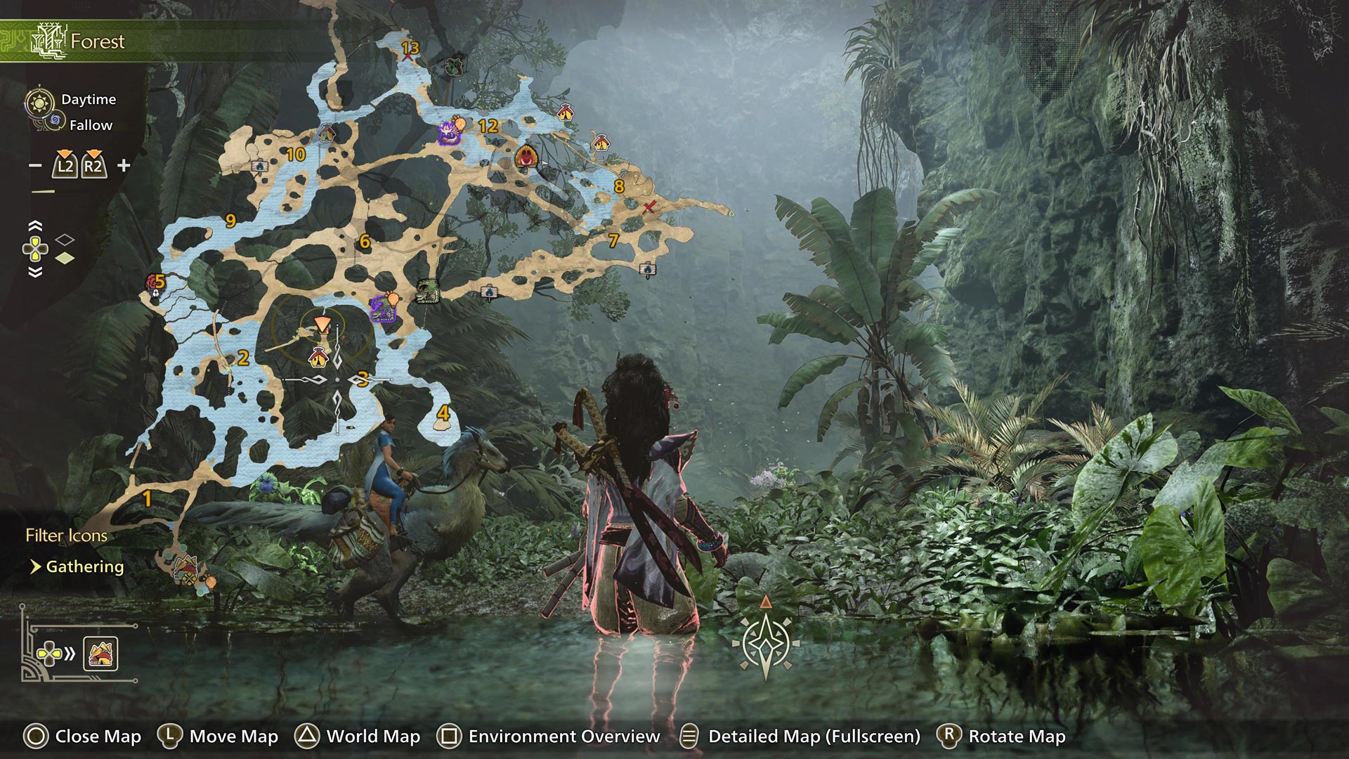 A hunter stands in the water, surrounded by plants and trees.