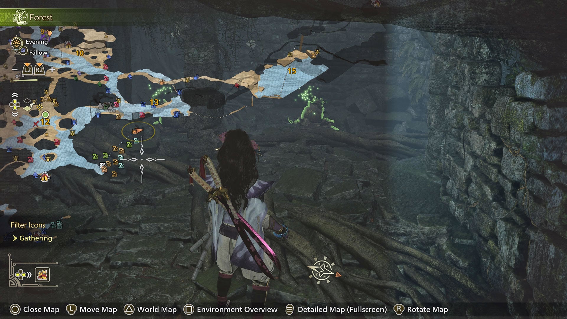 Past a plethora of treasures on the map, a hunter stands inside a stone wall structure.