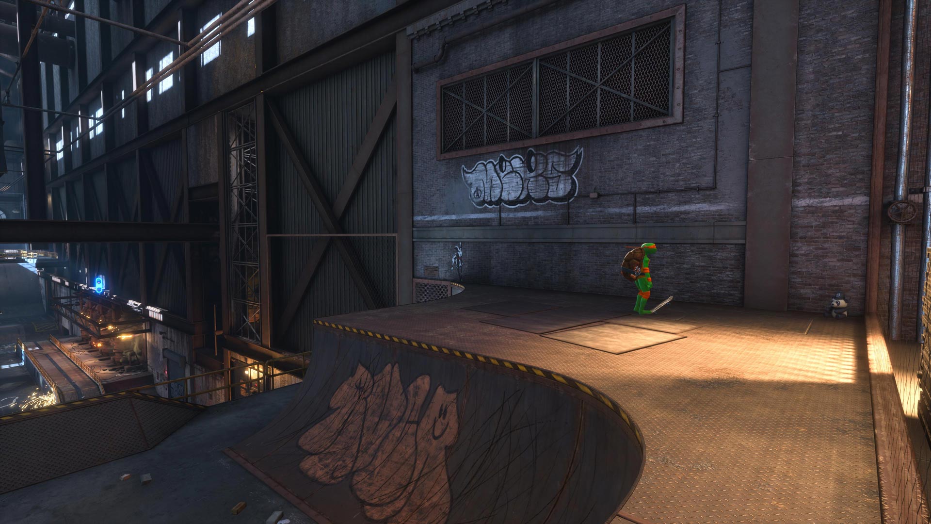 Michelangelo approaches a panda plush on Foundry.