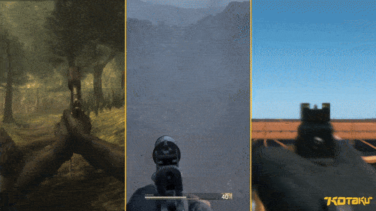 A gif shows the differences between aiming and shooting in first person across the original Metal Gear Solid 3, it's 2025 remake, and MGSV.