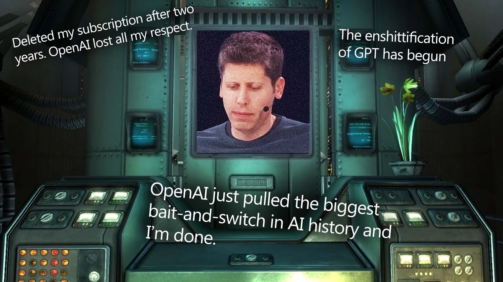 A Fallout terminal shows Sam Altman.