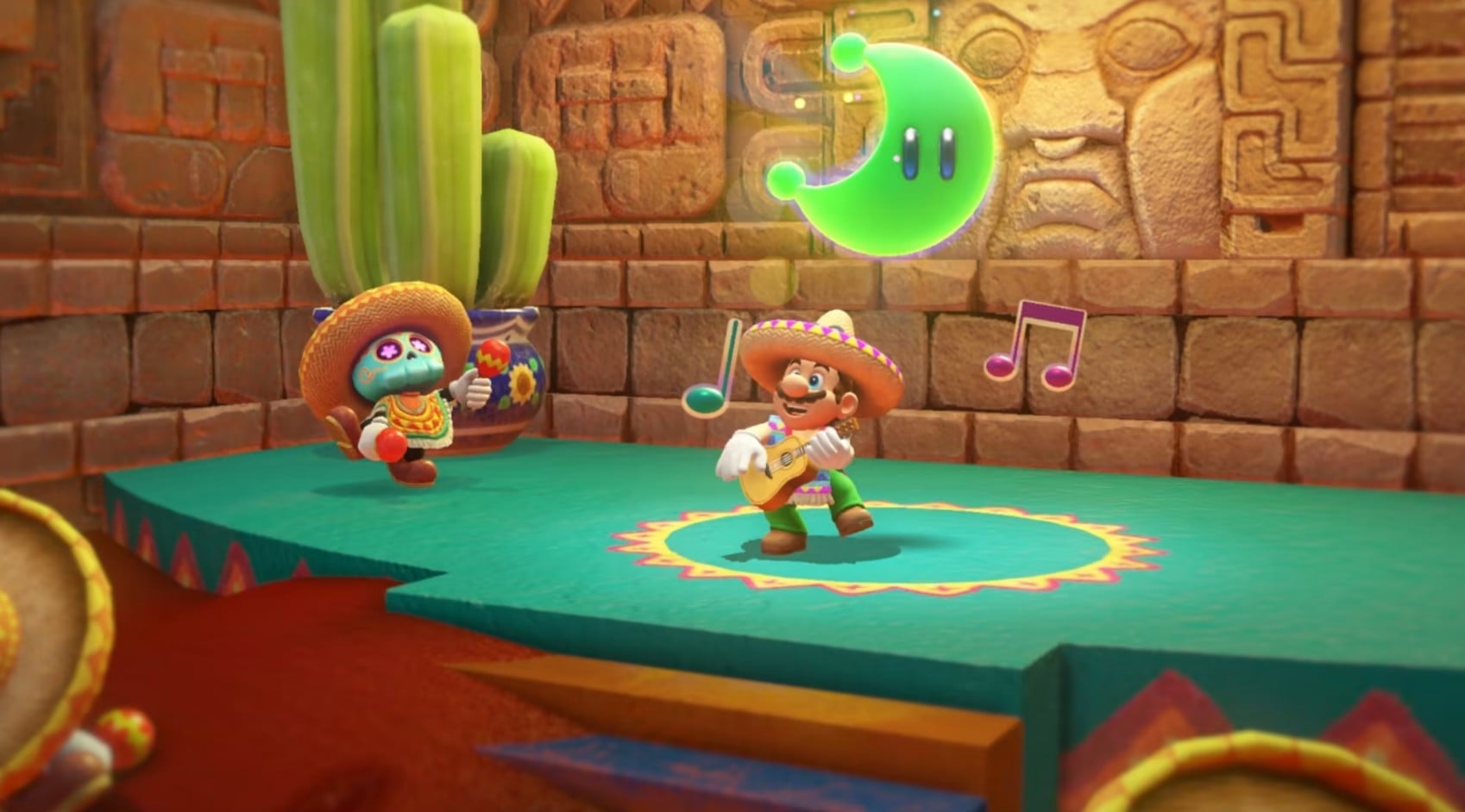 Mario plays a guitar while wearing a sombrero.