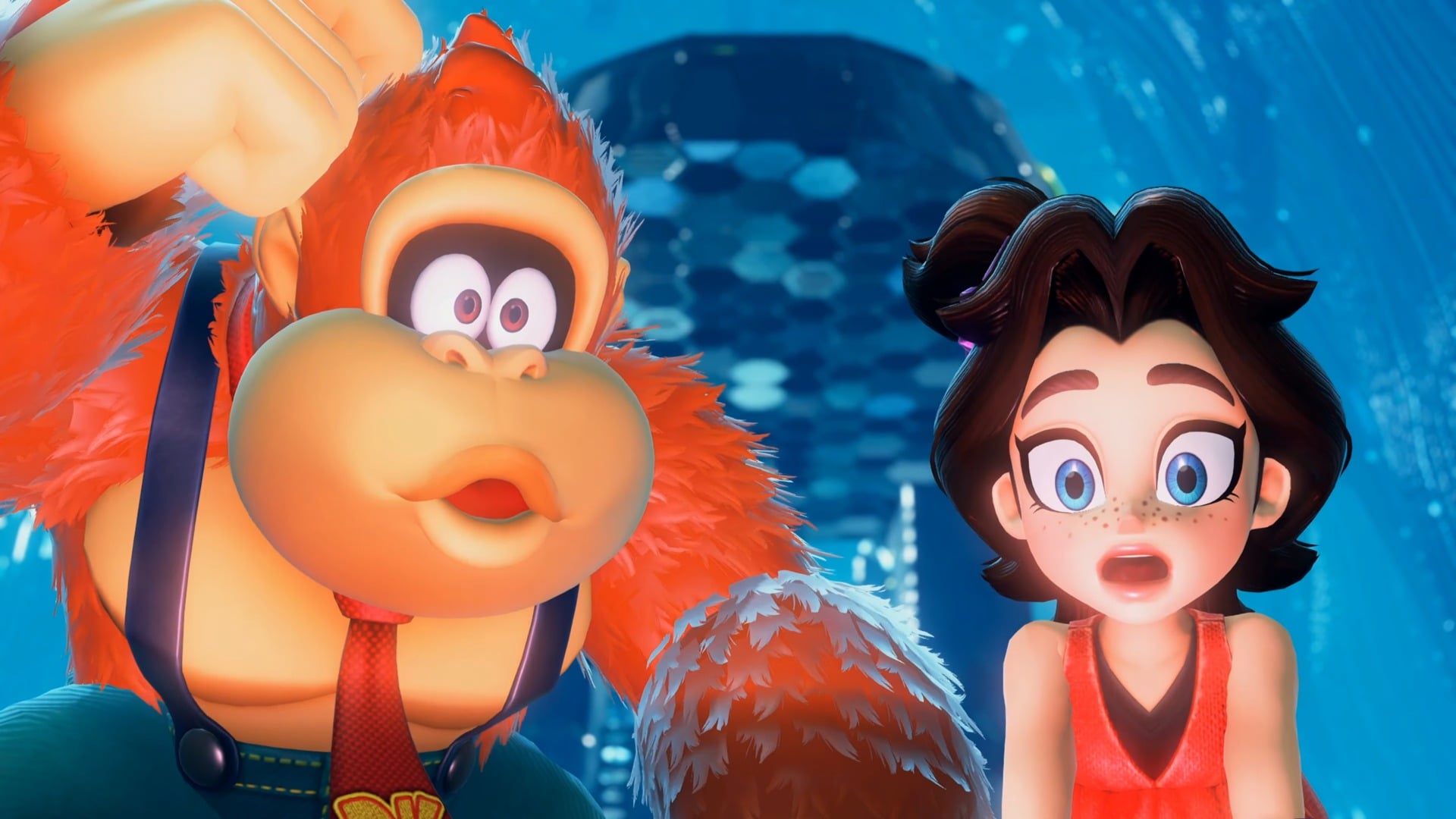 Donkey Kong and Pauline share a surprised look.