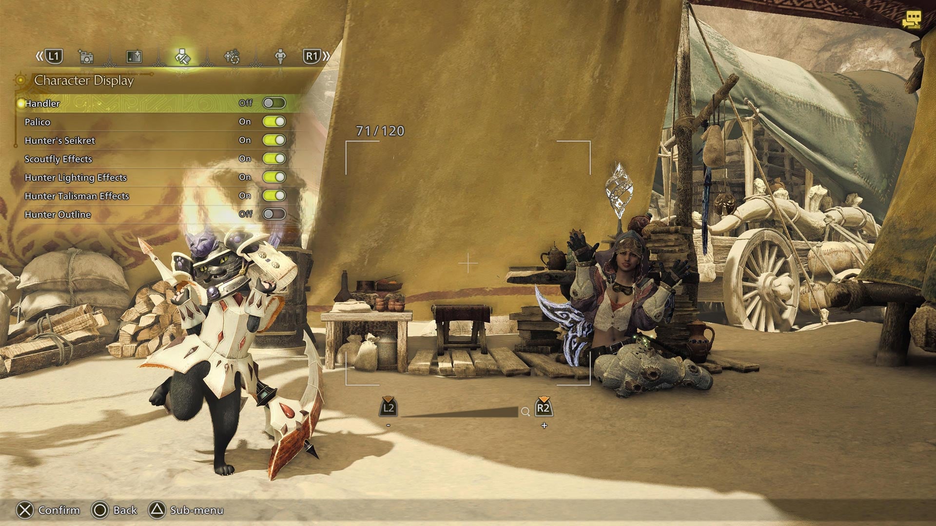 A Hunter and their Palico posing near Alma’s default camp location, with the Handler toggle turned off.