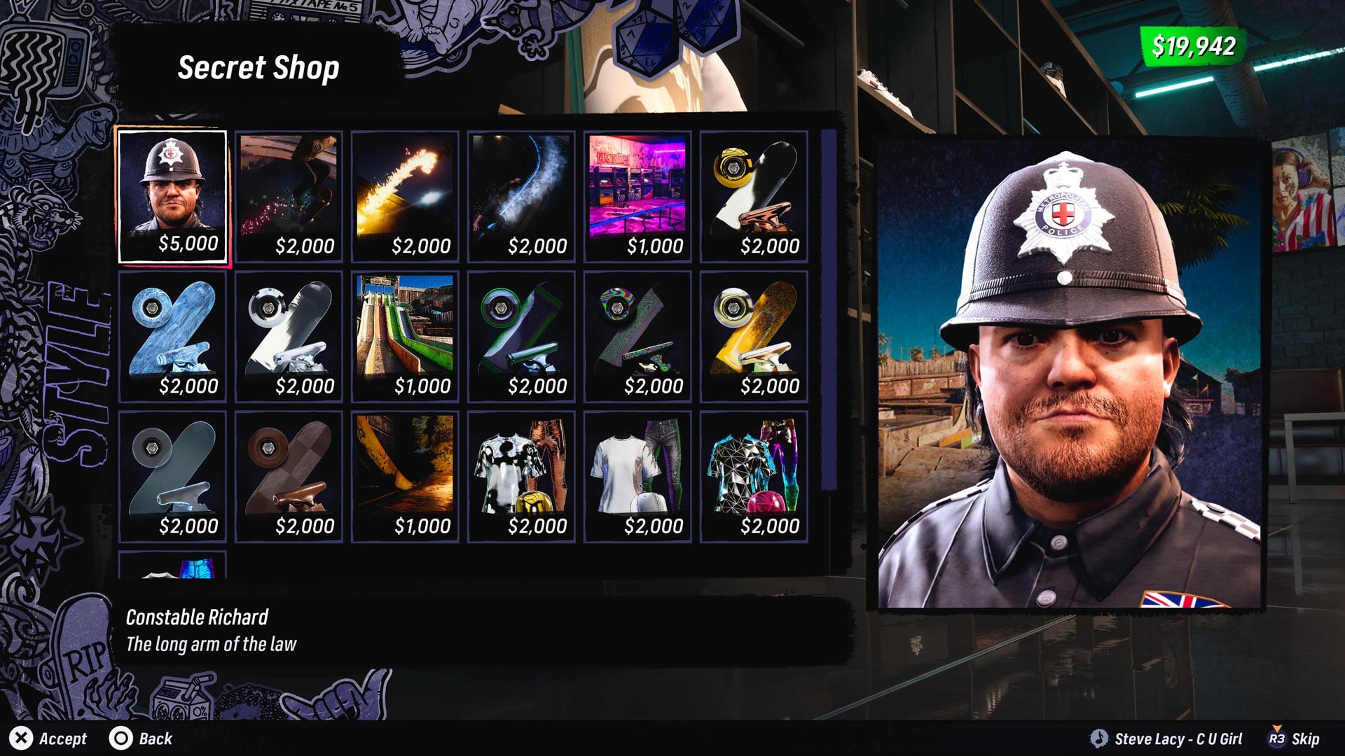 The Secret Shop screen, highlighting Constable Richard.