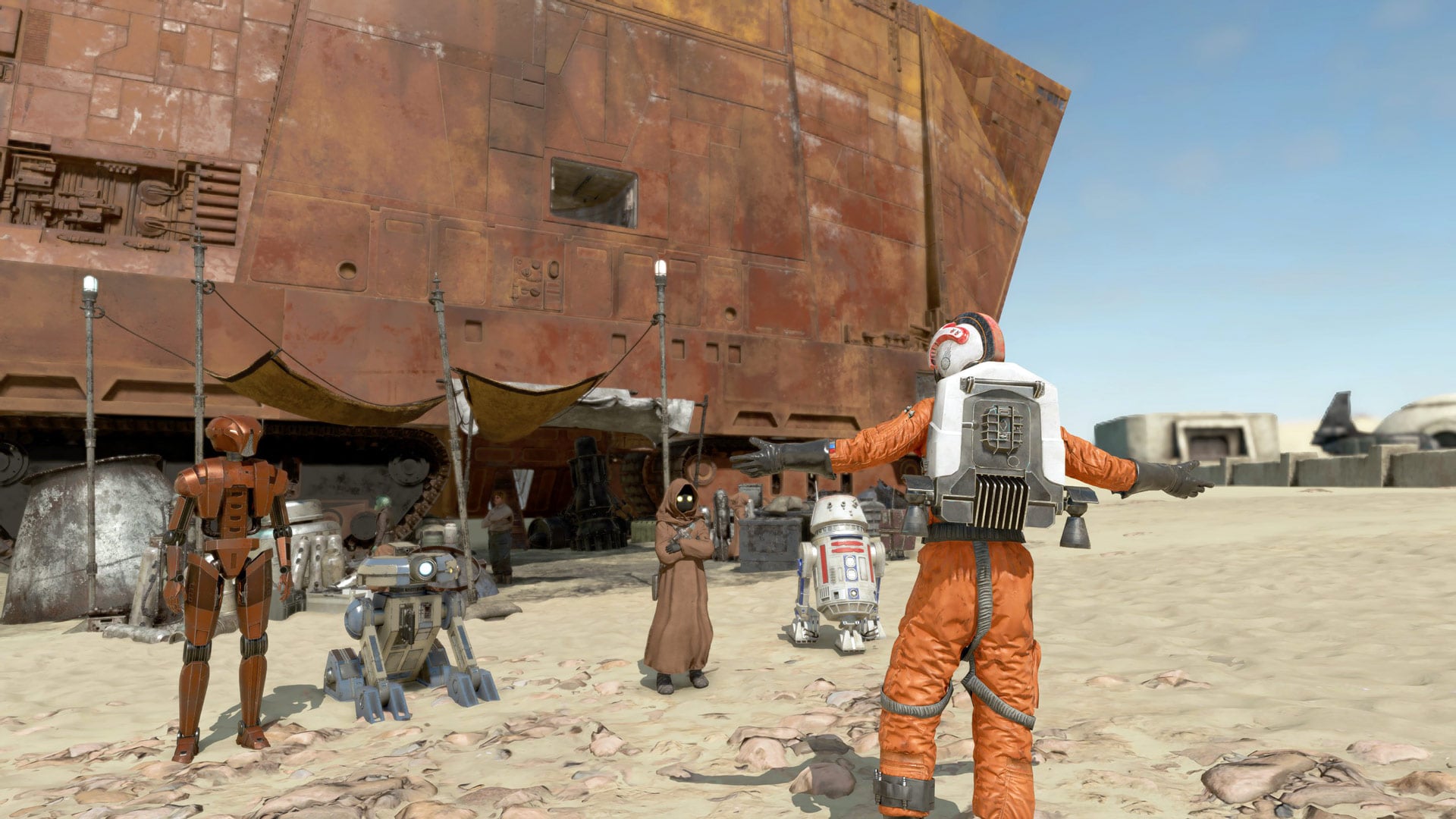 A Rebel pilot barters with a Jawa.
