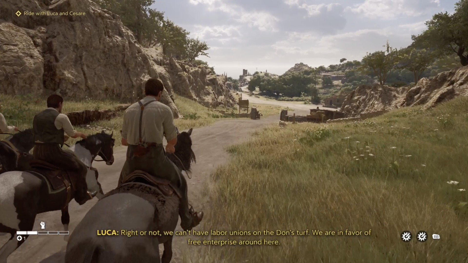 Two men on horseback ride along a Sicilian rode in a screenshot from Mafia: The Old Country. Subtitles show that a character named Luca is saying, "Right or not, we can't have labor unions on the Don's turf. We are in favor of free enterprise around here."