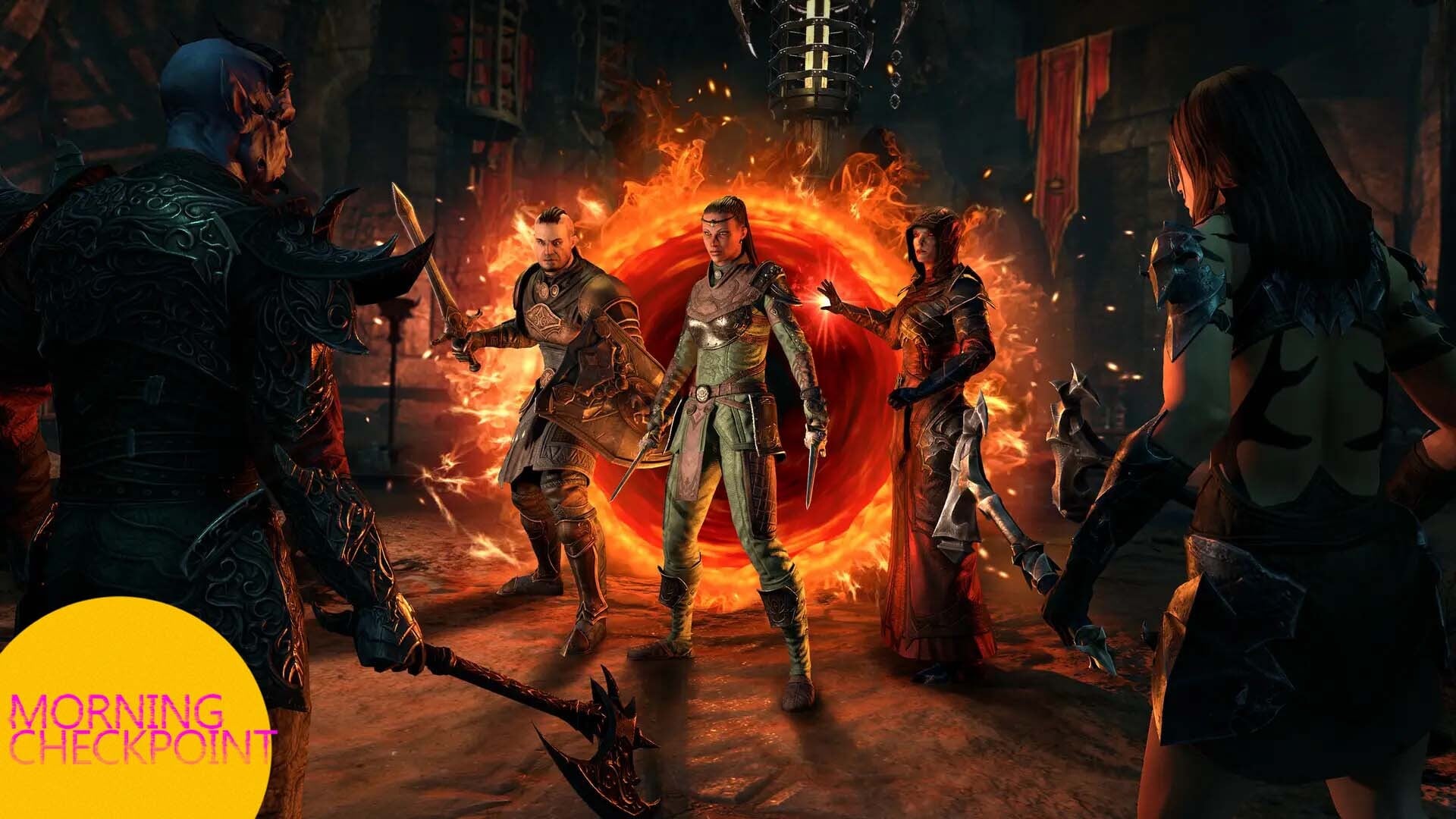 Elder Scrolls characters appear out of a portal.