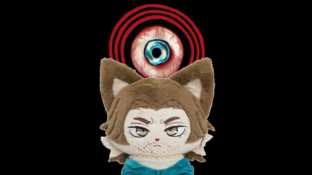 The Jimmy cat plush in front of the Mouthwashing logo.