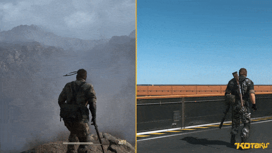 A side-by-side gif shows the difference in firing a rifle in Snake Eater's remake and in MGSV.
