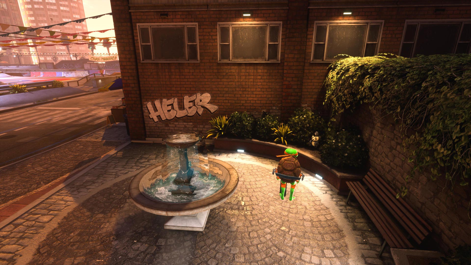 Michelangelo and a plush near a fountain.