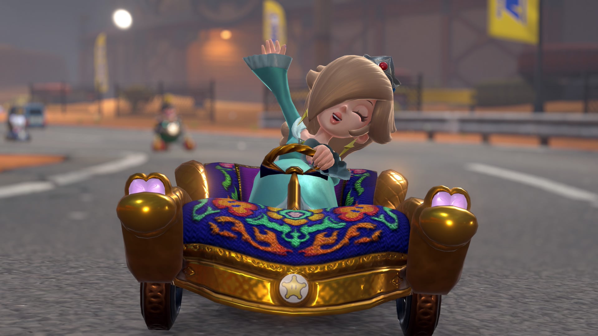 Rosalina waves while driving a kart.