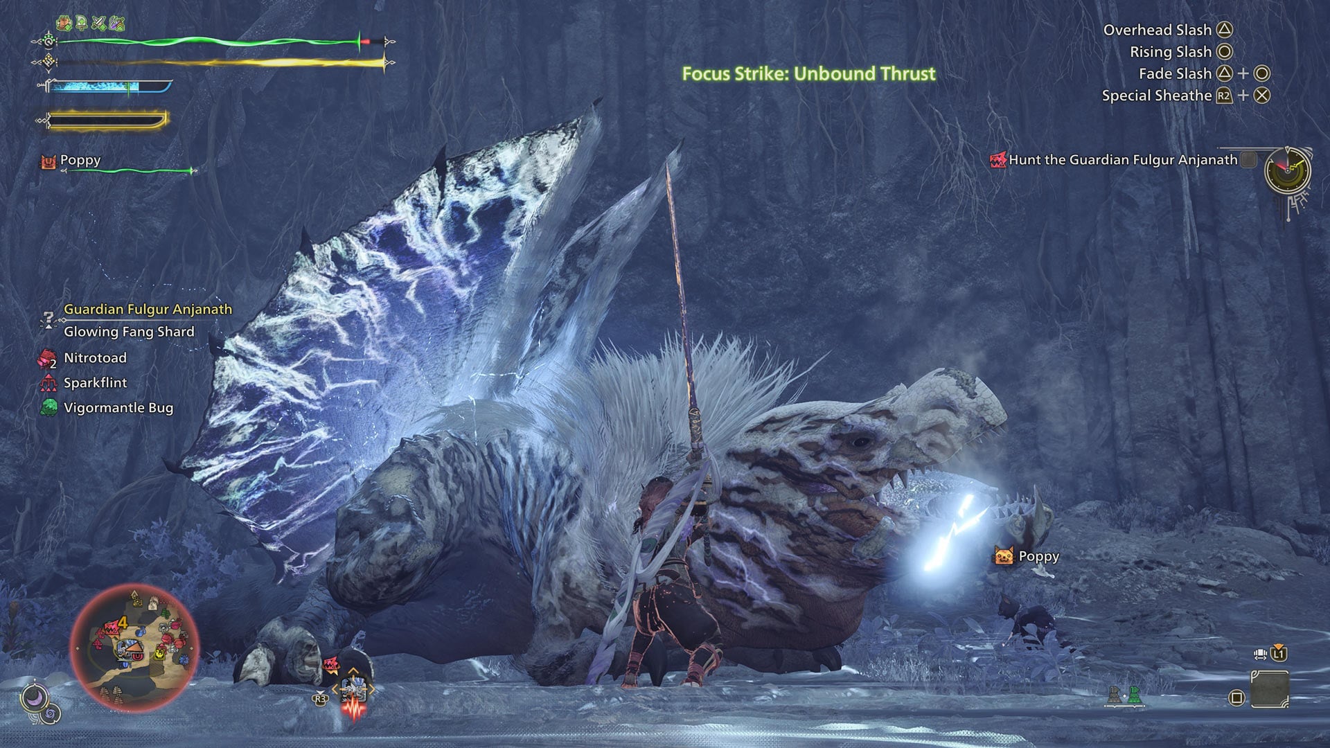 A hunter uses their Long Sword’s Focus Strike against a Guardian Fulgur Anjanath.