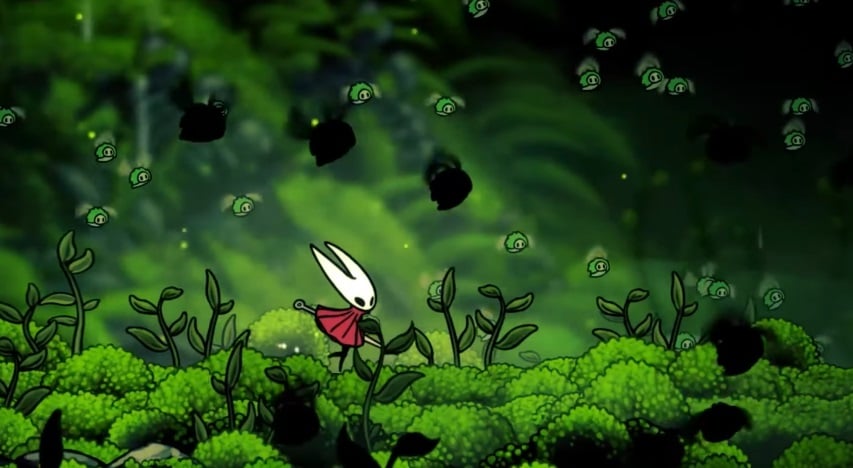 Silksong's Hornet runs through a green field.