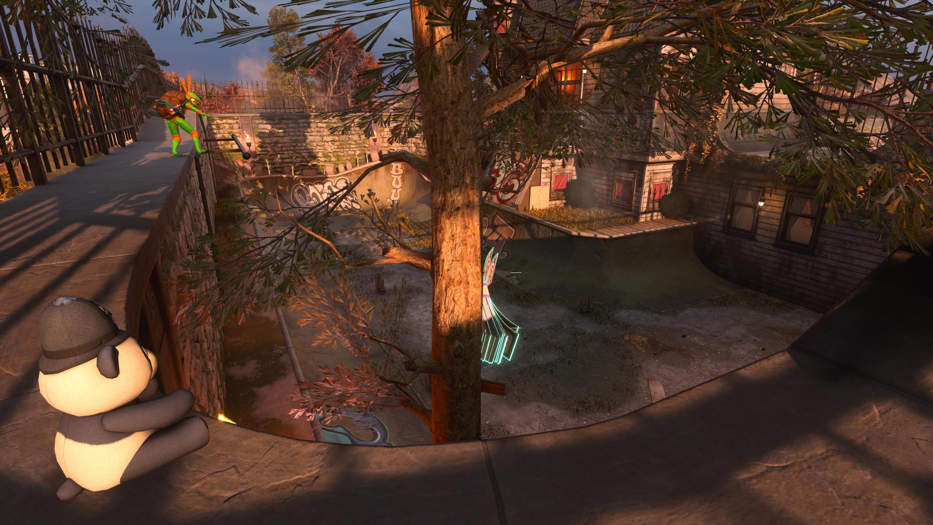 A plush sits in a corner.