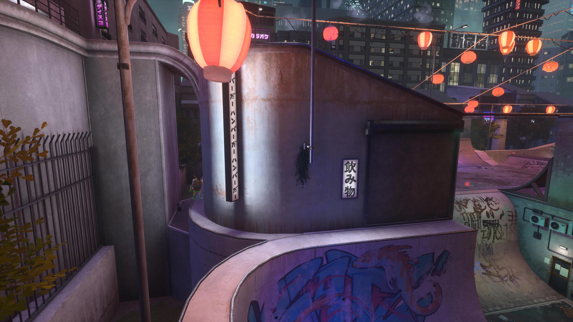 Michelangelo stands next to a panda plush in a tight alleyway.