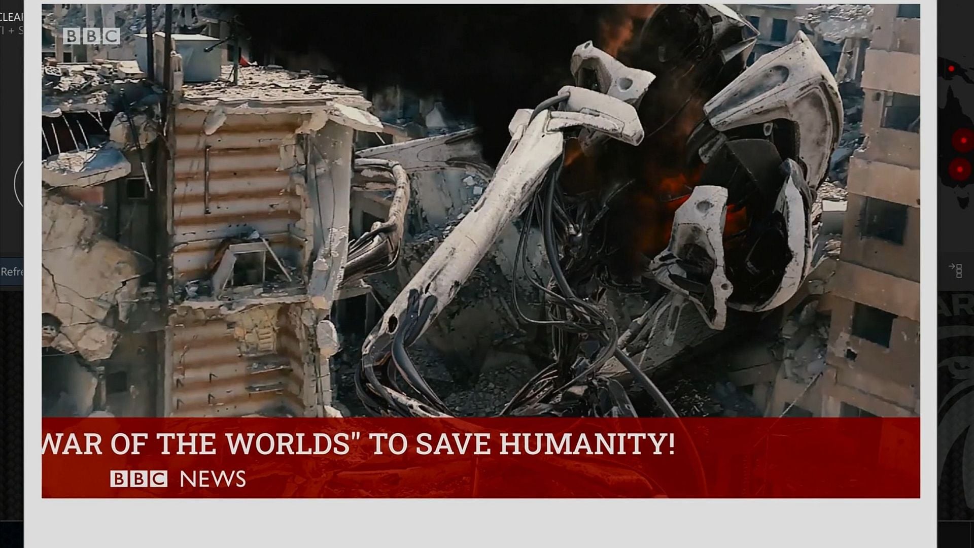 A crashed tripod in a ruined building.