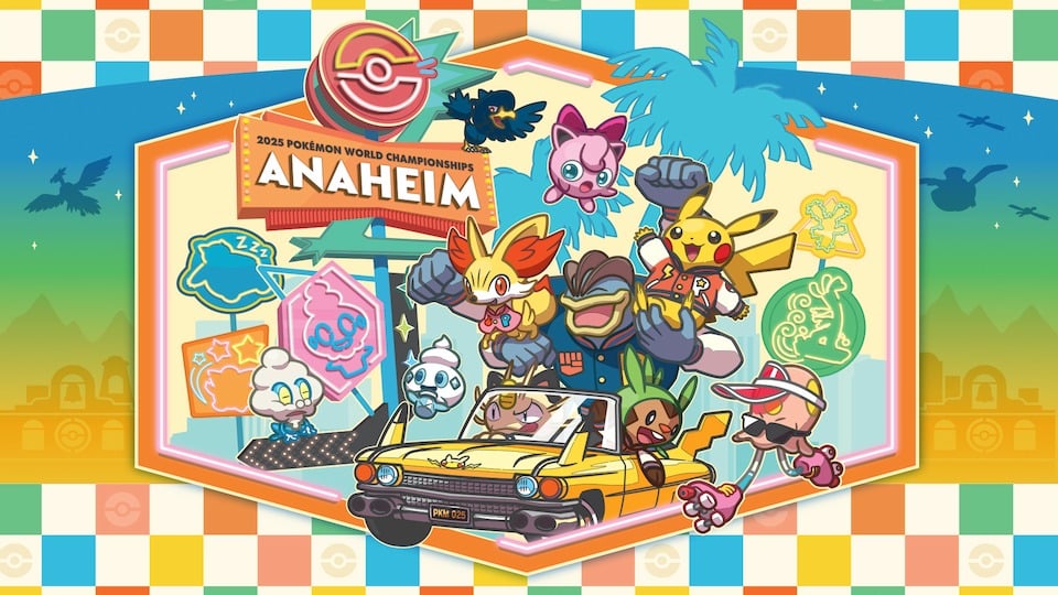 Pokemon Worlds 2025 art featuring Pikachu and other Pokemon riding in a car