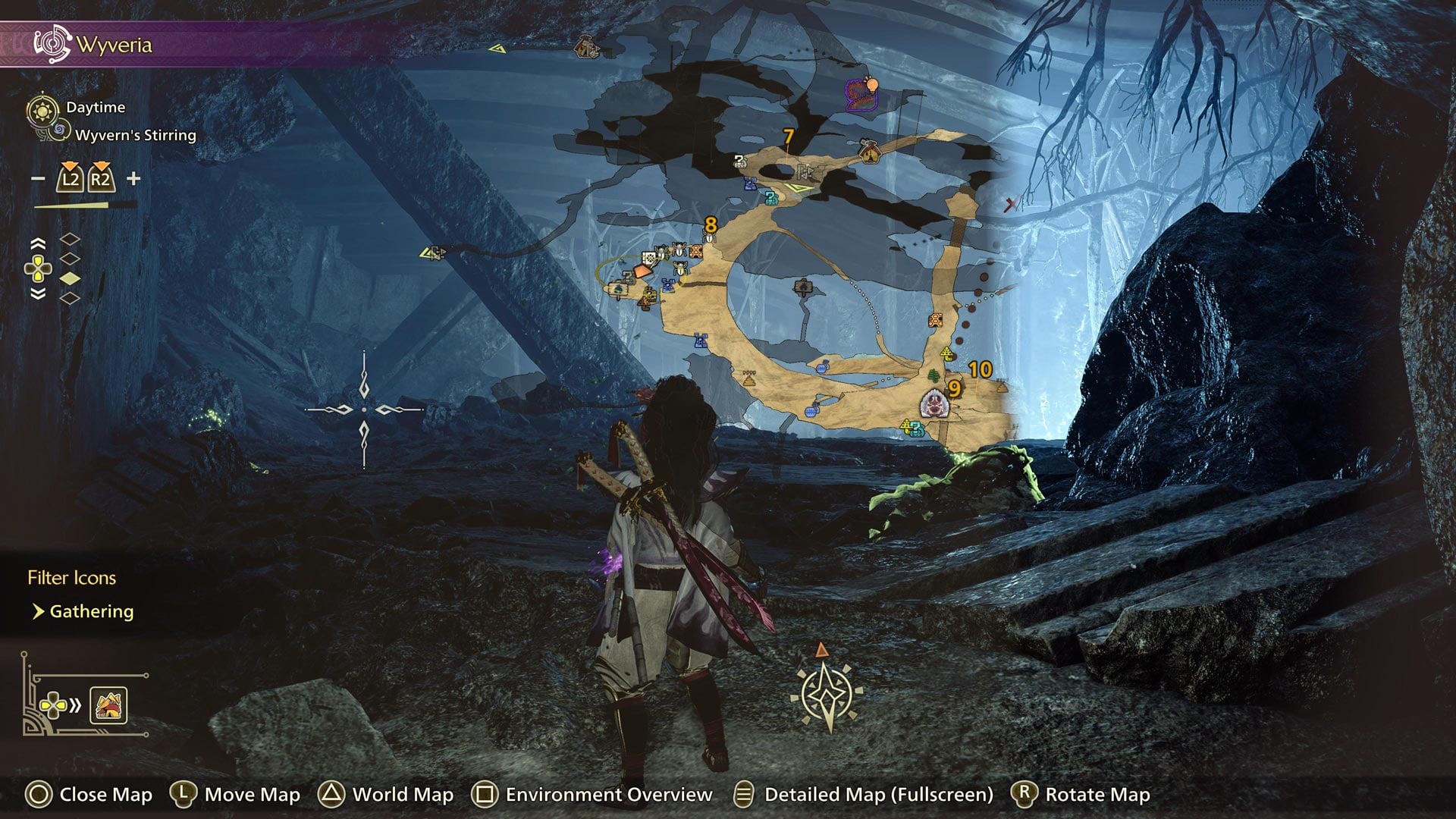 A debris-strewn campsite lies in front of a hunter.