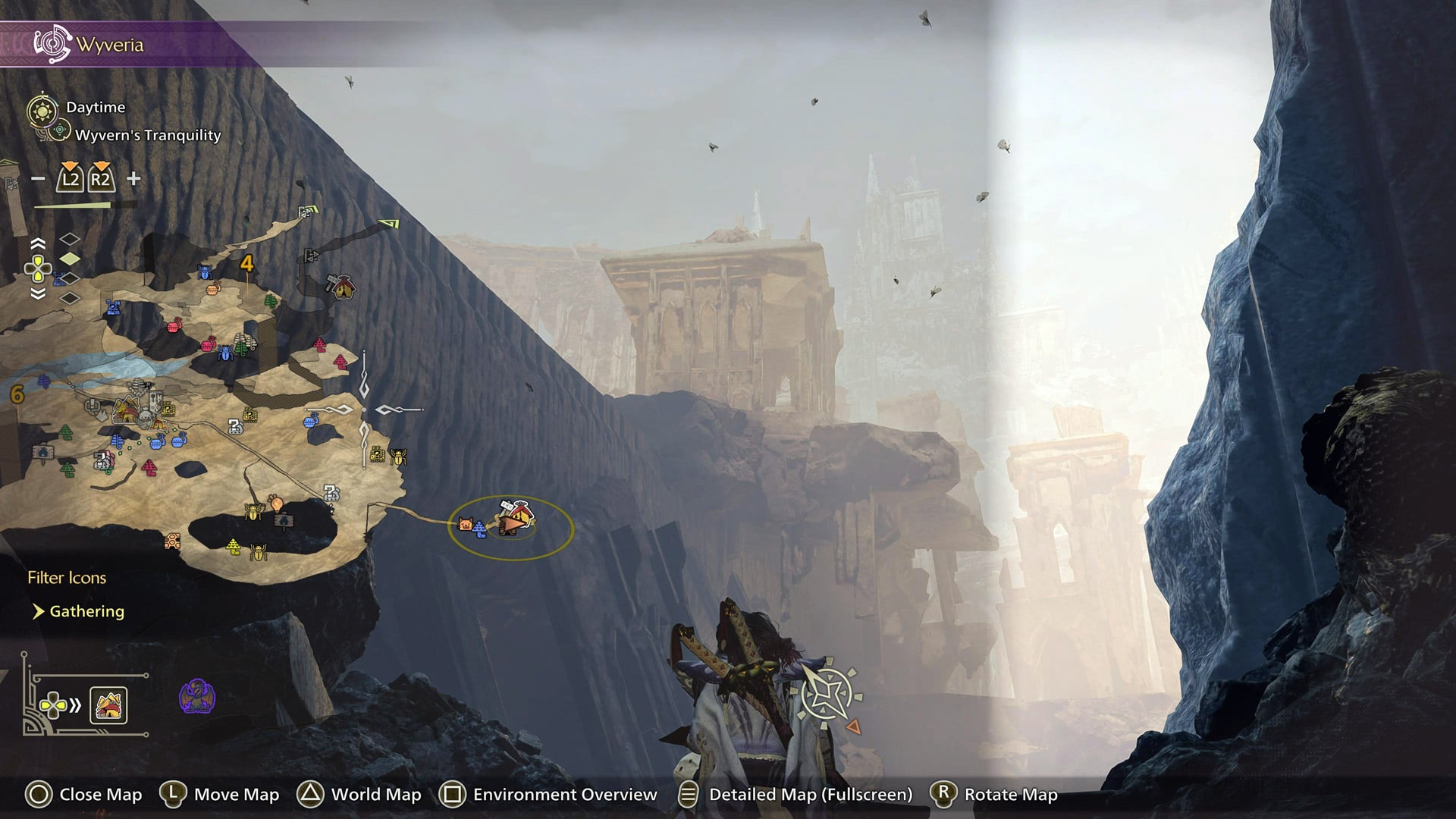 The remnants of a city can be seen from a secluded campsite in the Ruins of Wyveria.