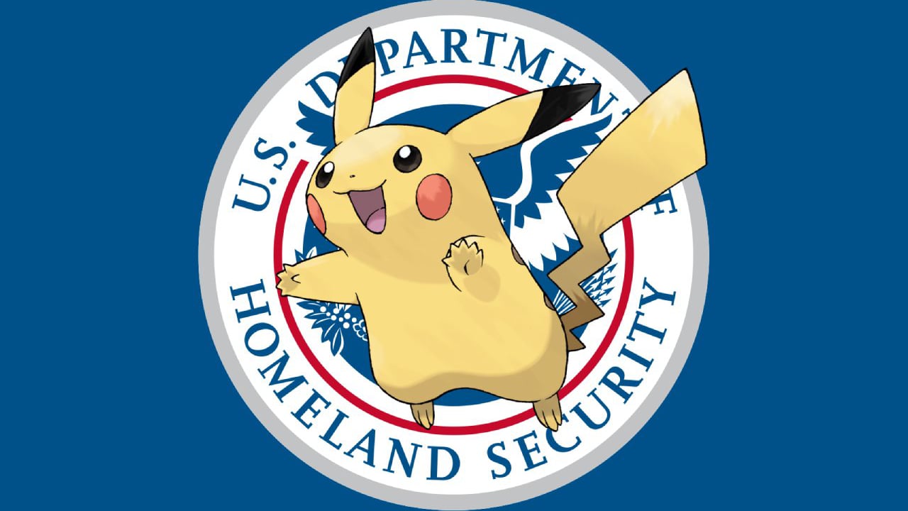 Pikachu in front of the DHS logo