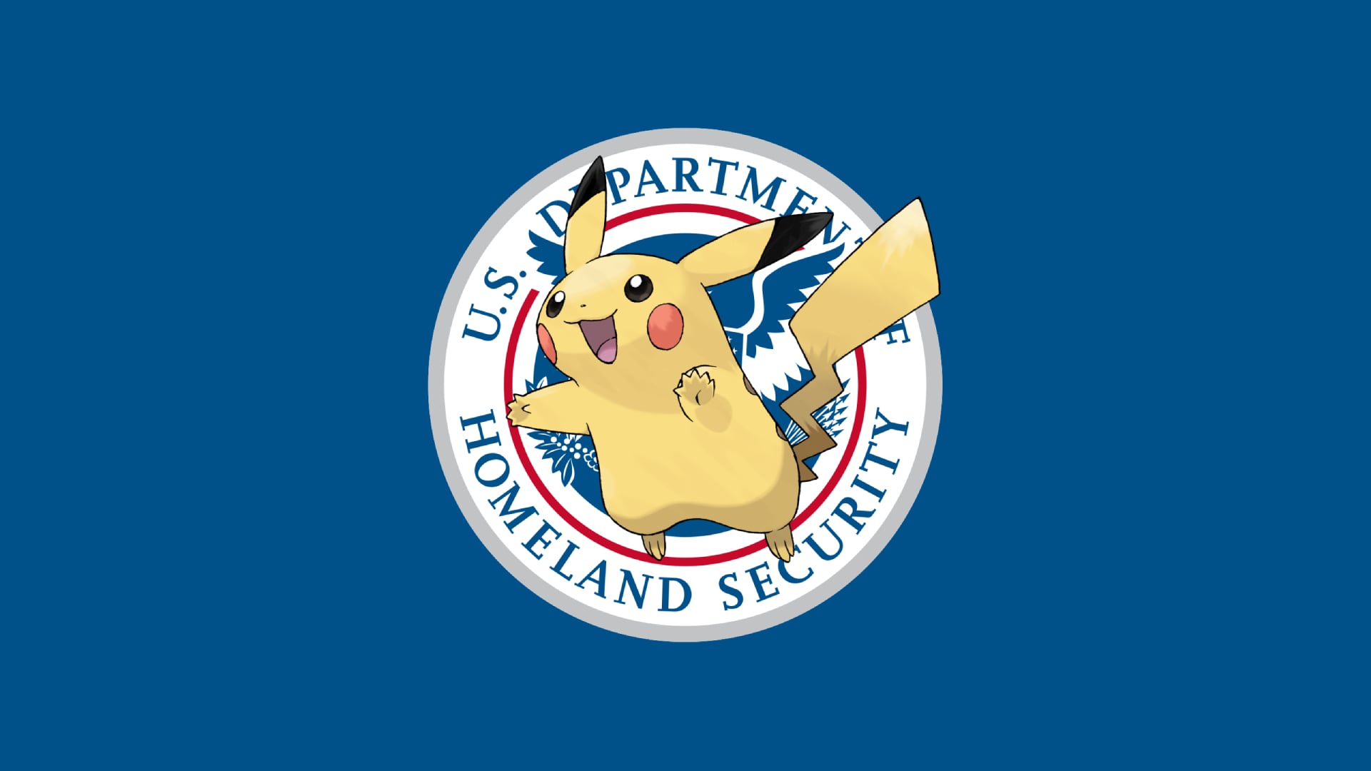 Pikachu in front of the logo for DHS