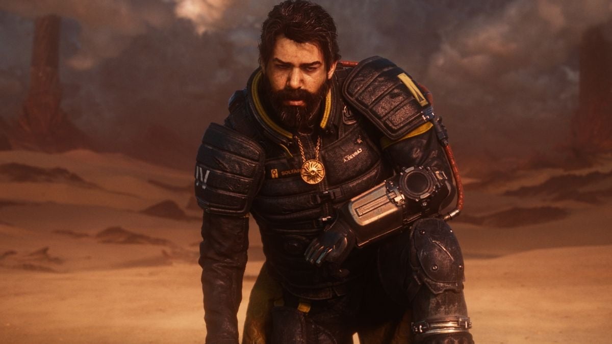 The main character of Faros kneels on the ground.