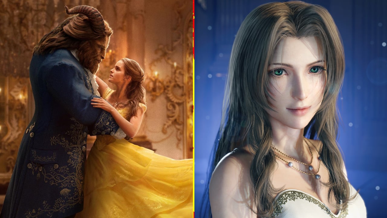 A side-by-side image shows the Beast and Bell from the 2017 remake and Aerith from FF7 Rebirth.