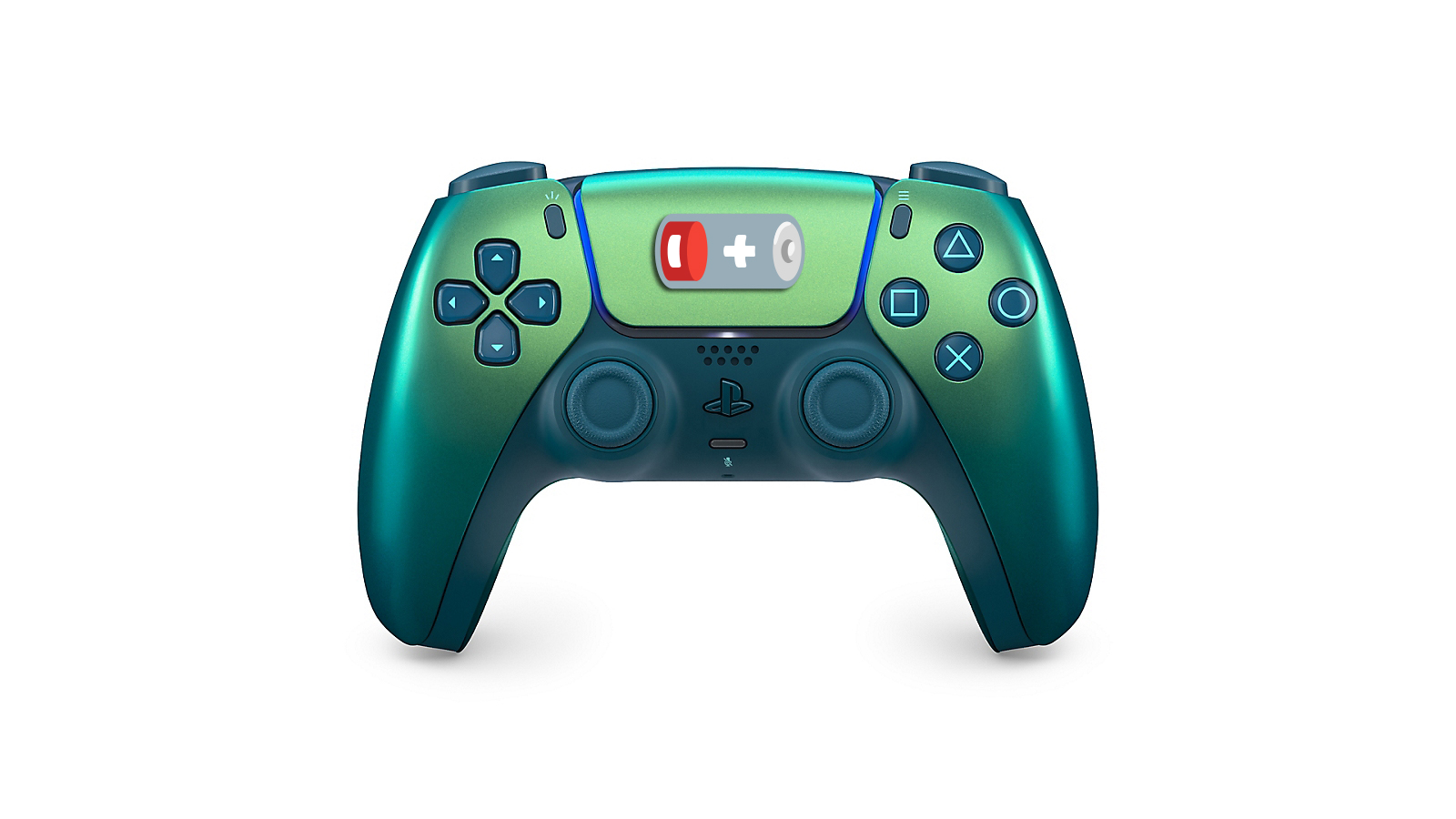 A DualSense controller shows an empty battery emoji on the touchpad.