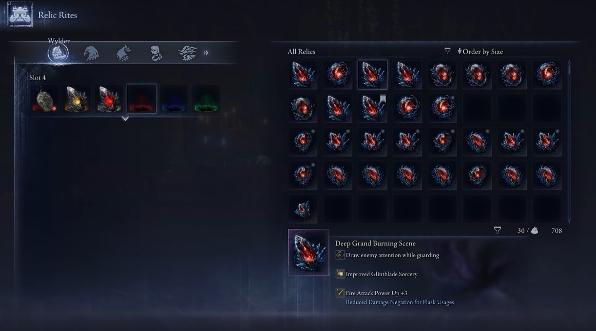 Deep relics display their bonuses.