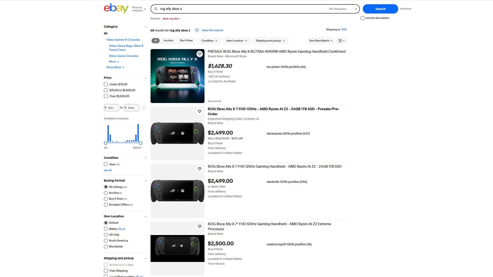A screenshot of ebay listings shows the ROG Xbox Ally selling for twice the retail cost.