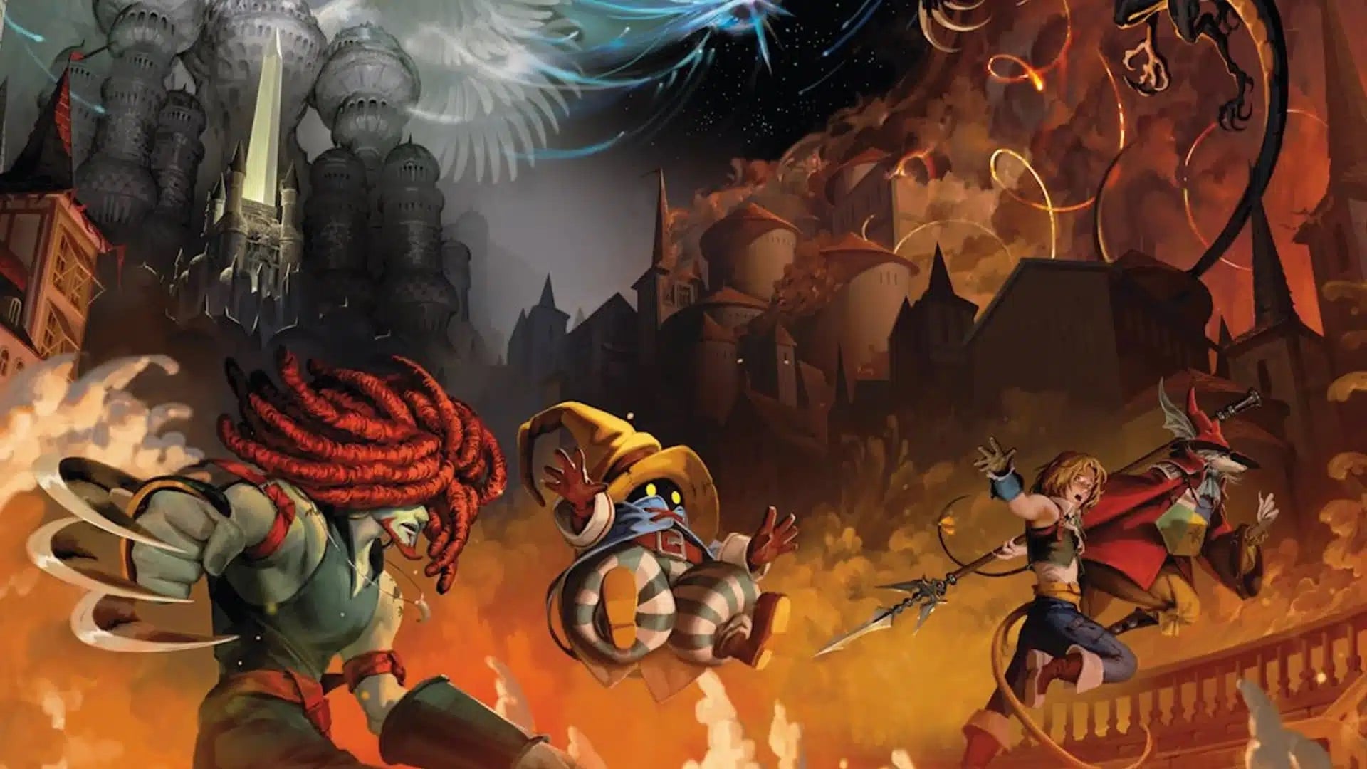 Art shows FF9 characters fighting in Alexandria.