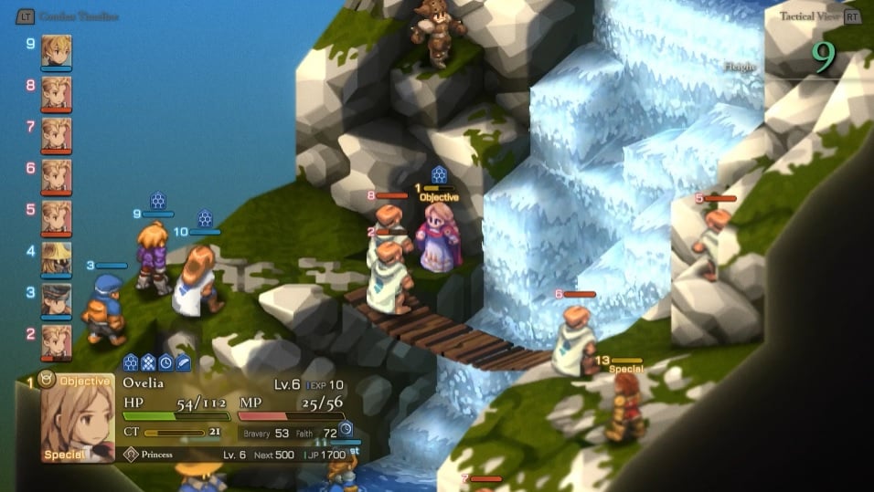 Knights fight by a water fall. 