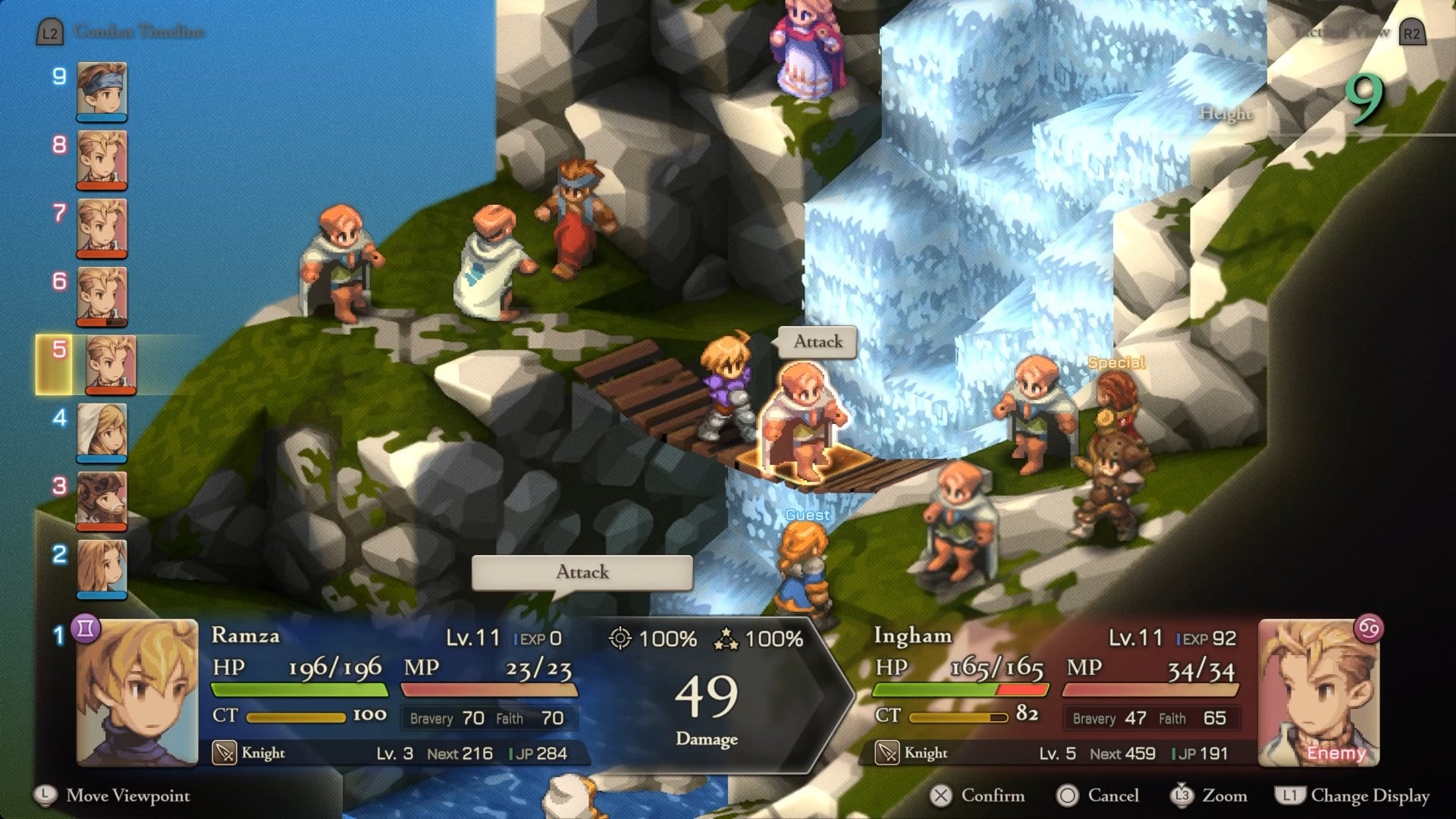 A screenshot shows a battle at a waterfall.