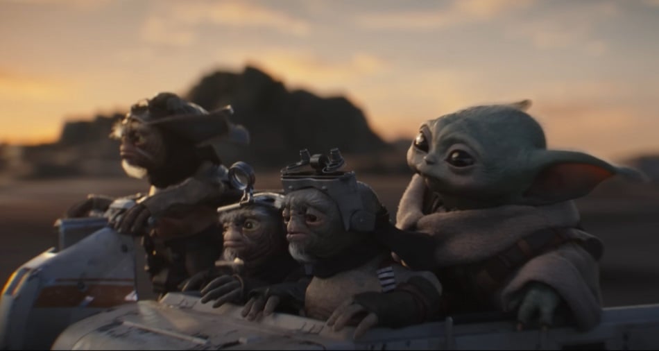 Groku rides in a speeder with his friends.