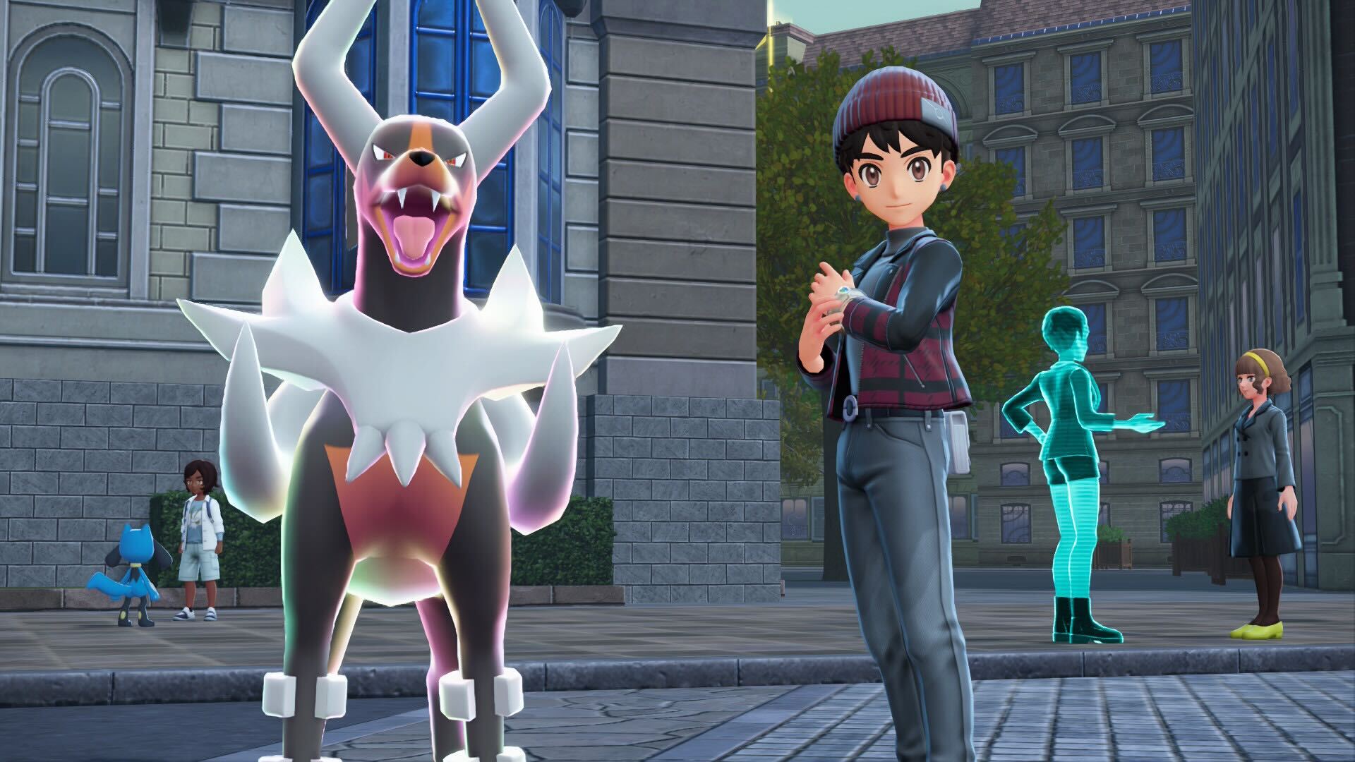 Shep standing next to Mega Houndoom.