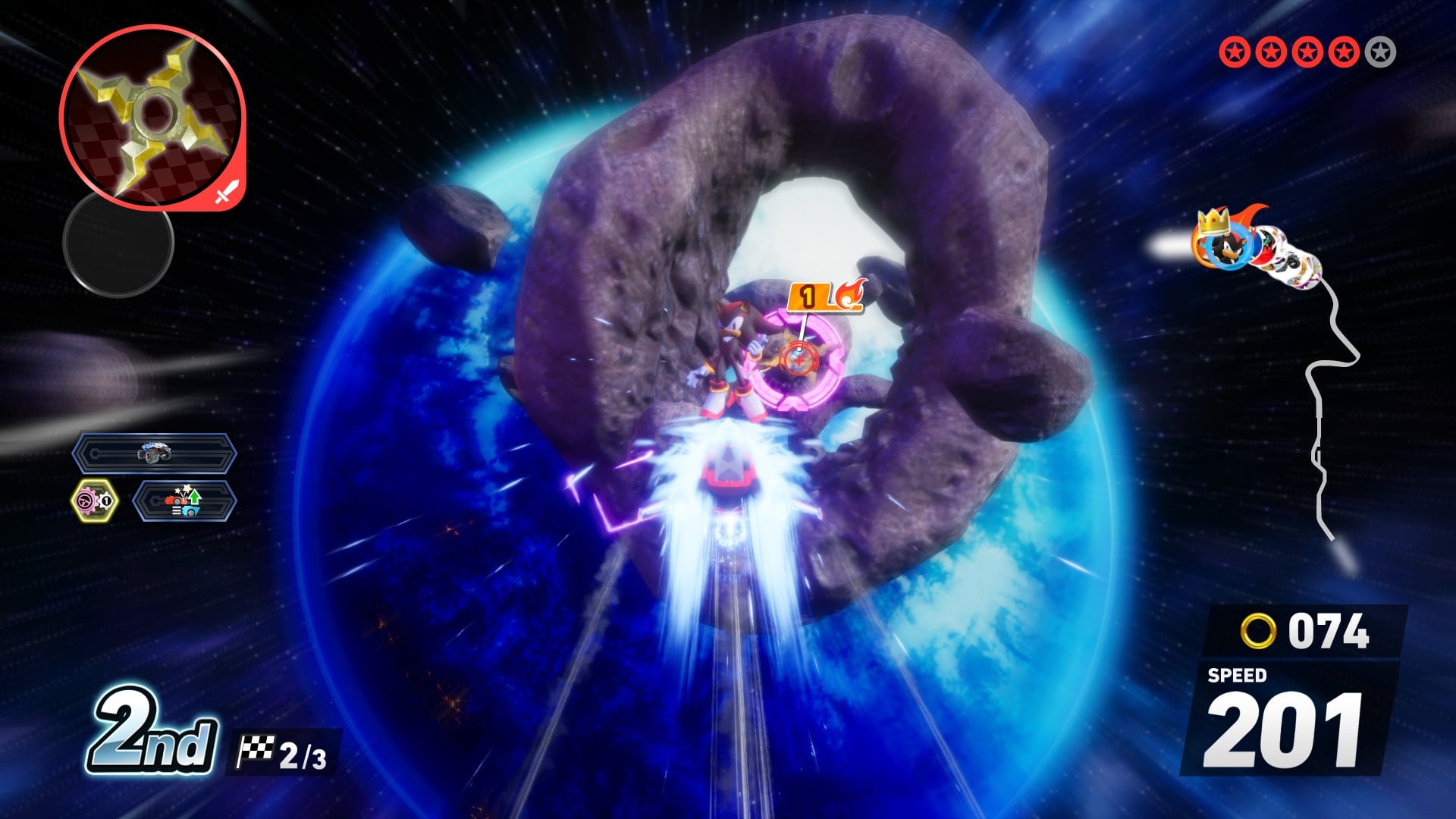 Shadow boosting on a hoverboard in space.