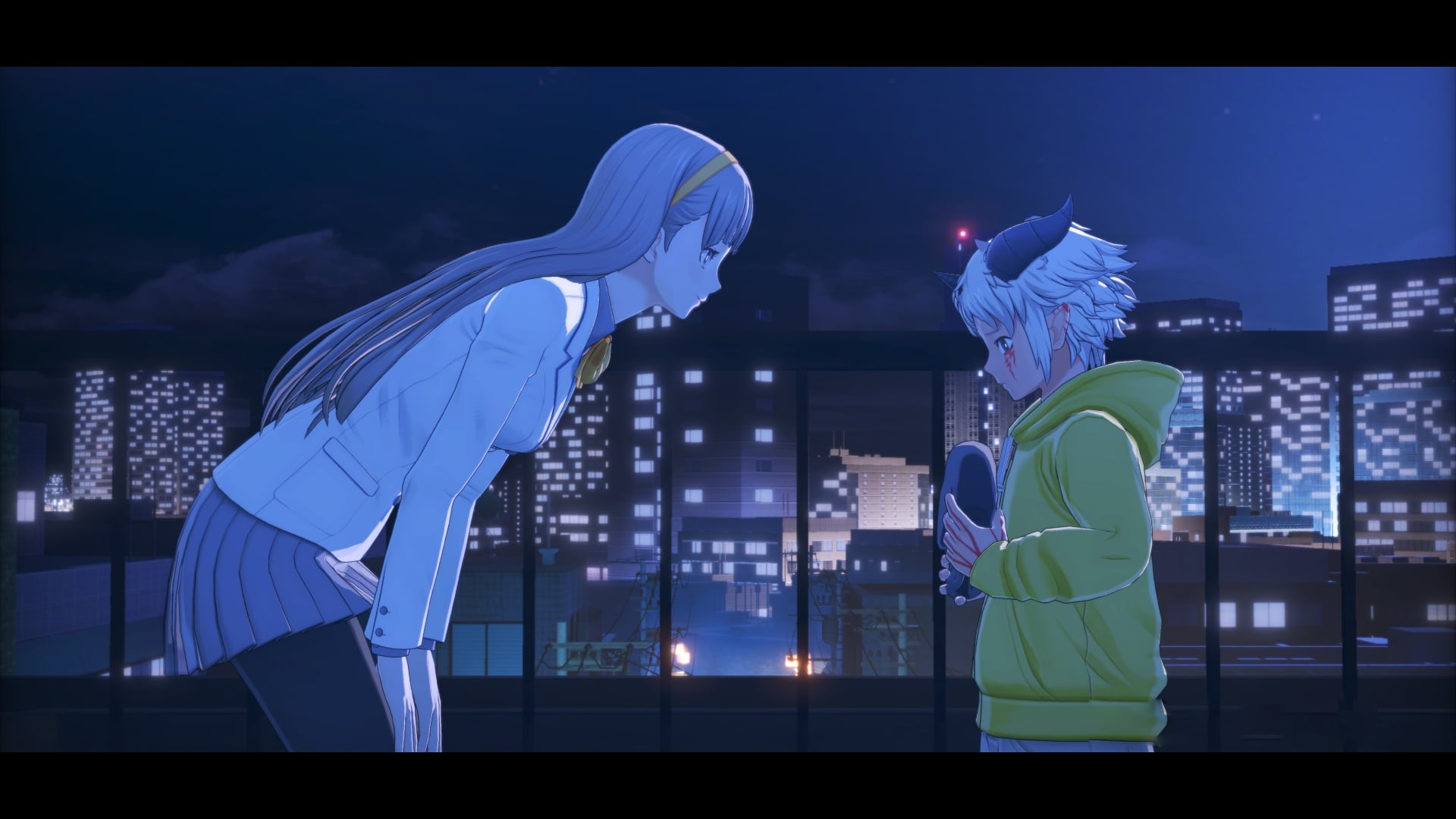 Inori and Aegiomon speak on a rooftop