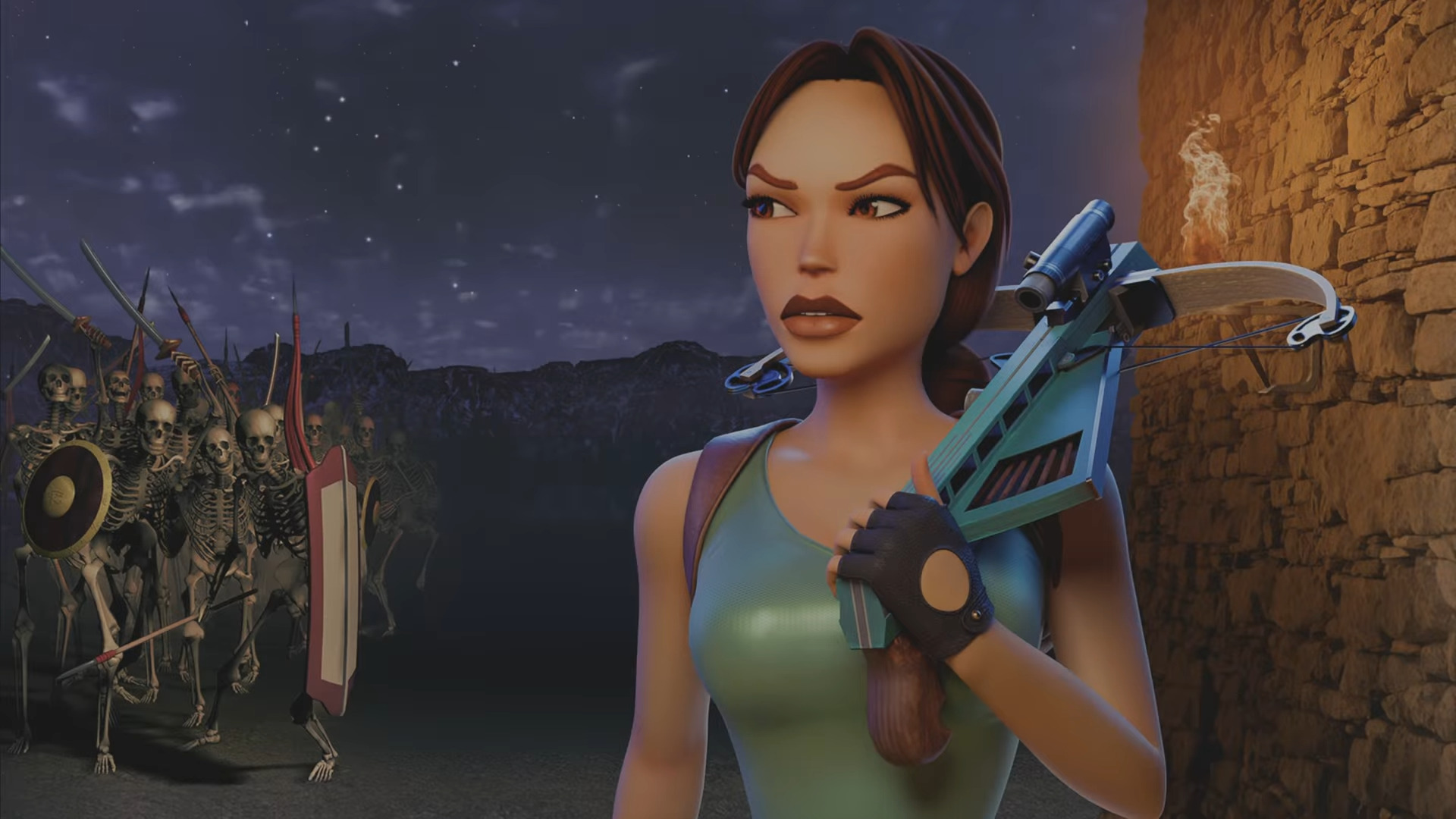 Lara Croft slings a crossbow over her shoulder while skeletons hold melee weapons threateningly behind her in an image alleged to be created by AI.
