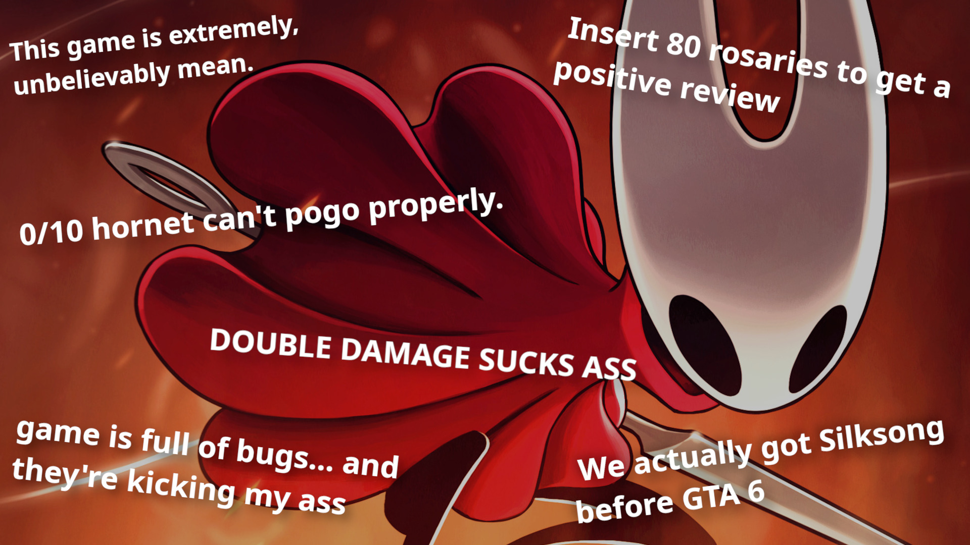 A hero image of Hornet shows several snarky Steam reviews written over it.