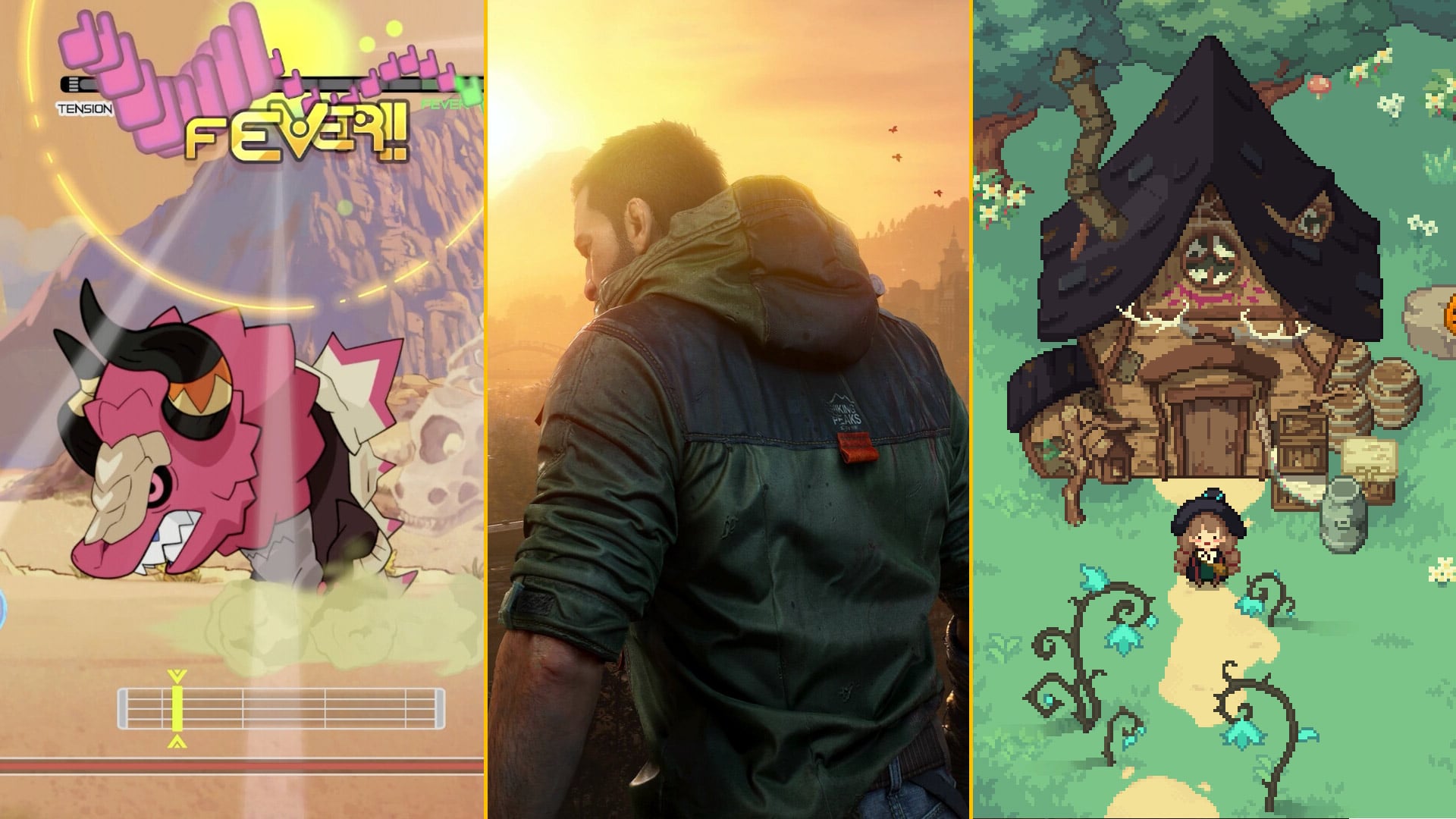 A composite image shows a colorful dinosaur-like creature, the protagonist of Dying Light: the Beast with his back to the camera, and the protagonist of Little Witch in the Woods standing outside of a cabin.