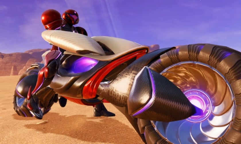 Samus rides a motorcycle.