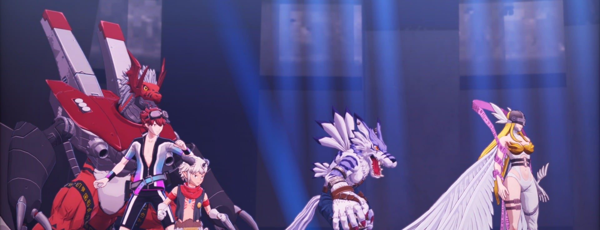 Wargrowlmon, Weregarurumon, Angewomon, and Aegiomon prepare for battle alongside the main character of Time Stranger