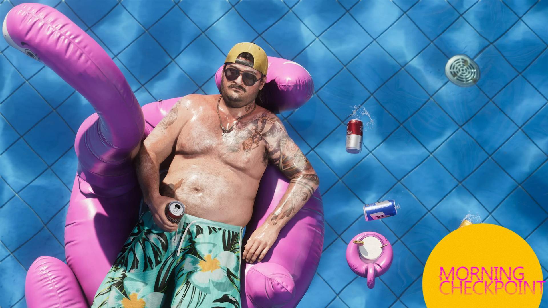 A guy floats in a pool in GTA.